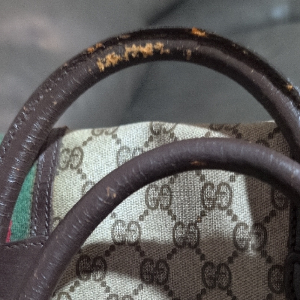 Gucci Beige GG Canvas Travel Bag with Brown Leather and Green-Red Web - Picture 8 of 15